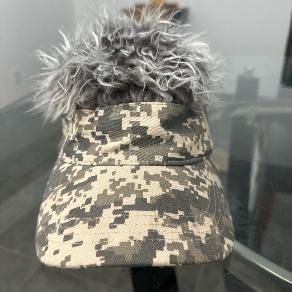 Khaki and grey camo visor hat with faux‎ fur pompom